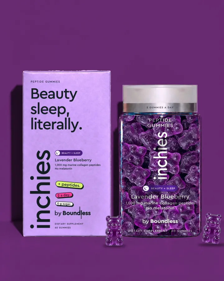 inchies Beauty + Sleep lavender blueberry peptide gummies, box and jar on a purple background