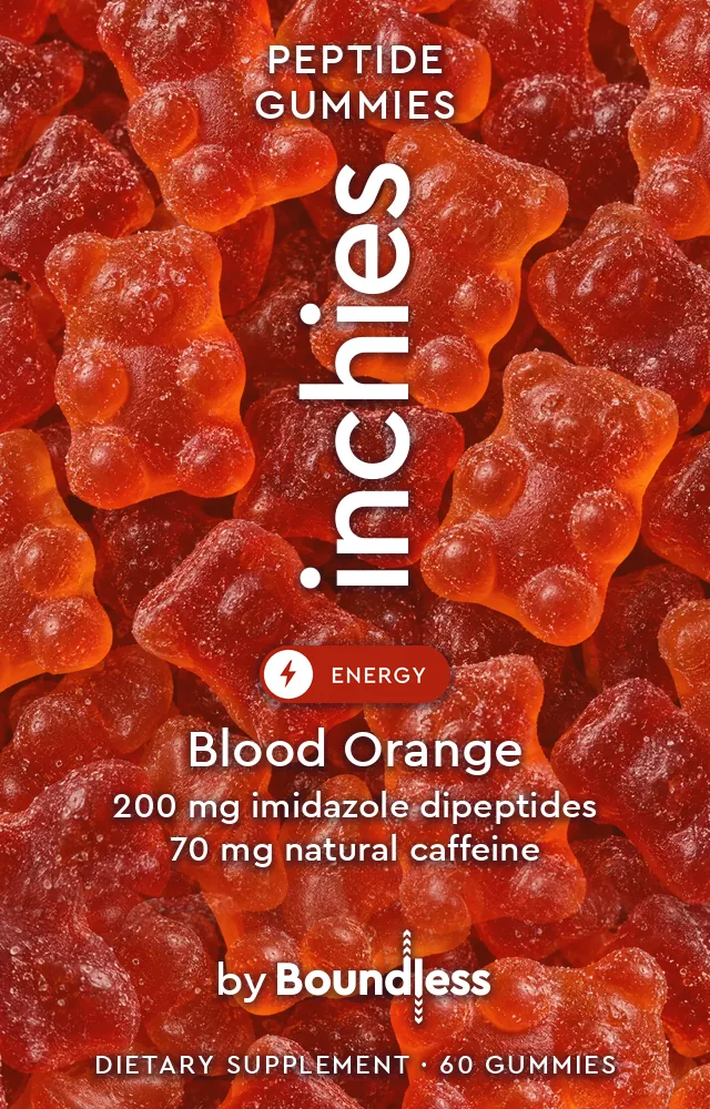 inchies Energy, a blood orange box and jar of peptide gummy bears with 200 mg imidazole dipeptides and 70 mg natural caffeine