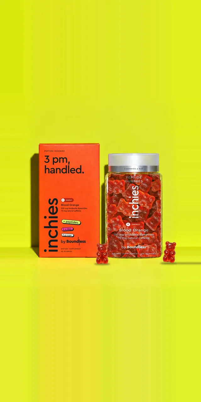 inchies Energy, a blood orange box and jar of peptide gummy bears with 200 mg imidazole dipeptides and 70 mg natural caffeine