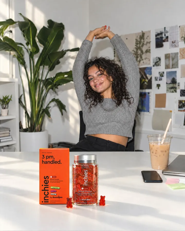 A woman stretching at her desk with a blood orange inchies Energy box and jar beside her laptop