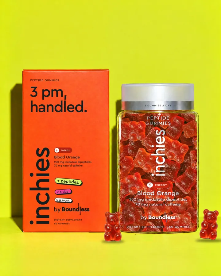 inchies Energy blood orange peptide gummies, box and jar on a yellow background