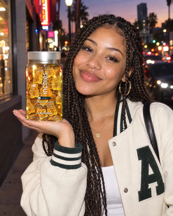 A smiling woman on a city street at dusk holding a jar of golden apple inchies Longevity
