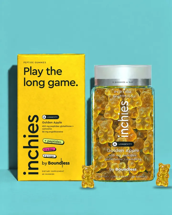 inchies Longevity golden apple peptide gummies, box and jar on a turquoise background