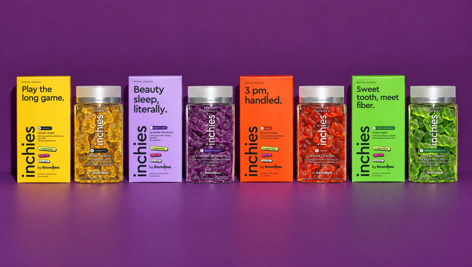 The four inchies by Boundless flavors, each box beside its jar of gummy bears: golden apple, lavender blueberry, blood orange and green apple