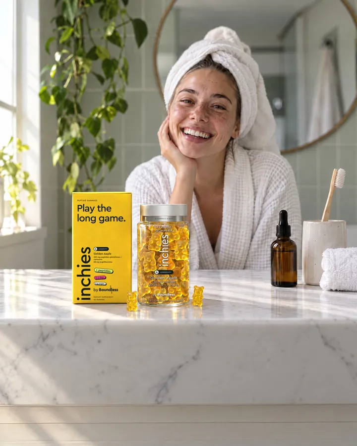 A woman in a bathrobe at a marble vanity with a golden apple inchies Longevity box and jar