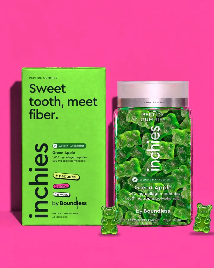 inchies Weight Management green apple peptide gummies, box and jar on a pink background