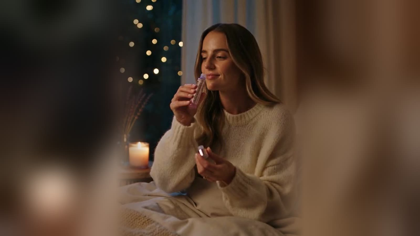 A woman sipping a Boundless Sleep Shot in bed by candlelight