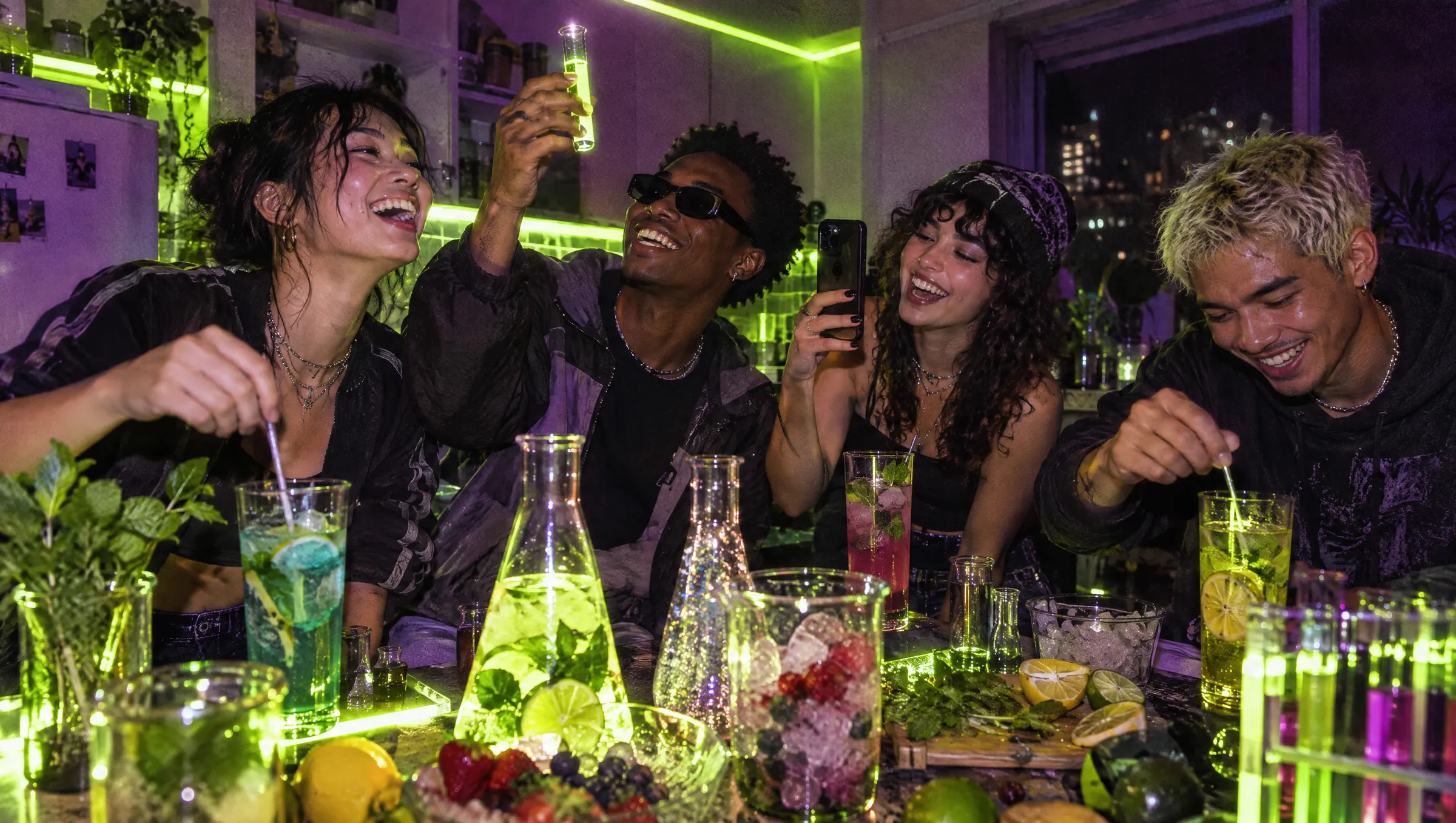 Friends laughing and mixing colourful drinks in a neon-lit kitchen