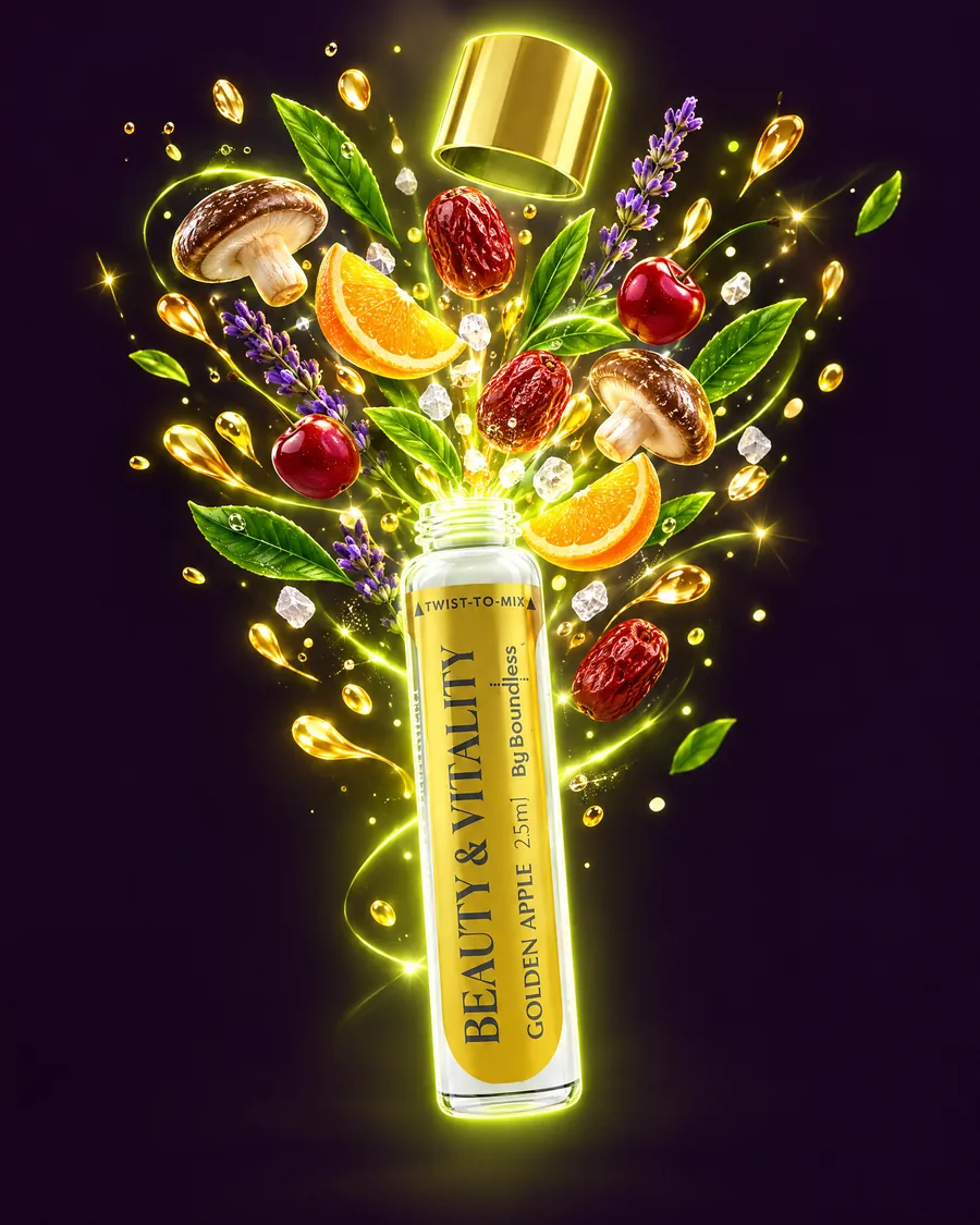 A Boundless shot with its gold cap lifted and ingredients bursting out of it