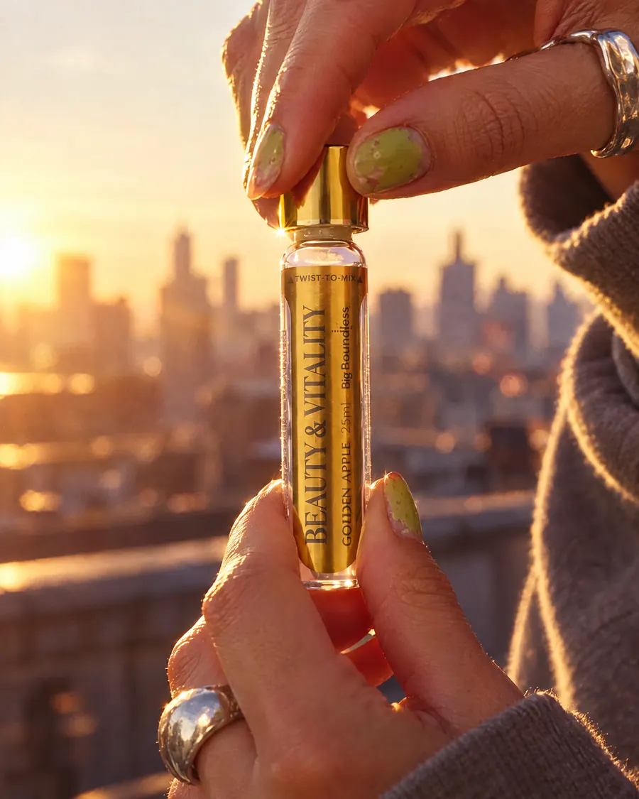 Hands twisting the gold cap of a Longevity Shot on a rooftop at sunrise