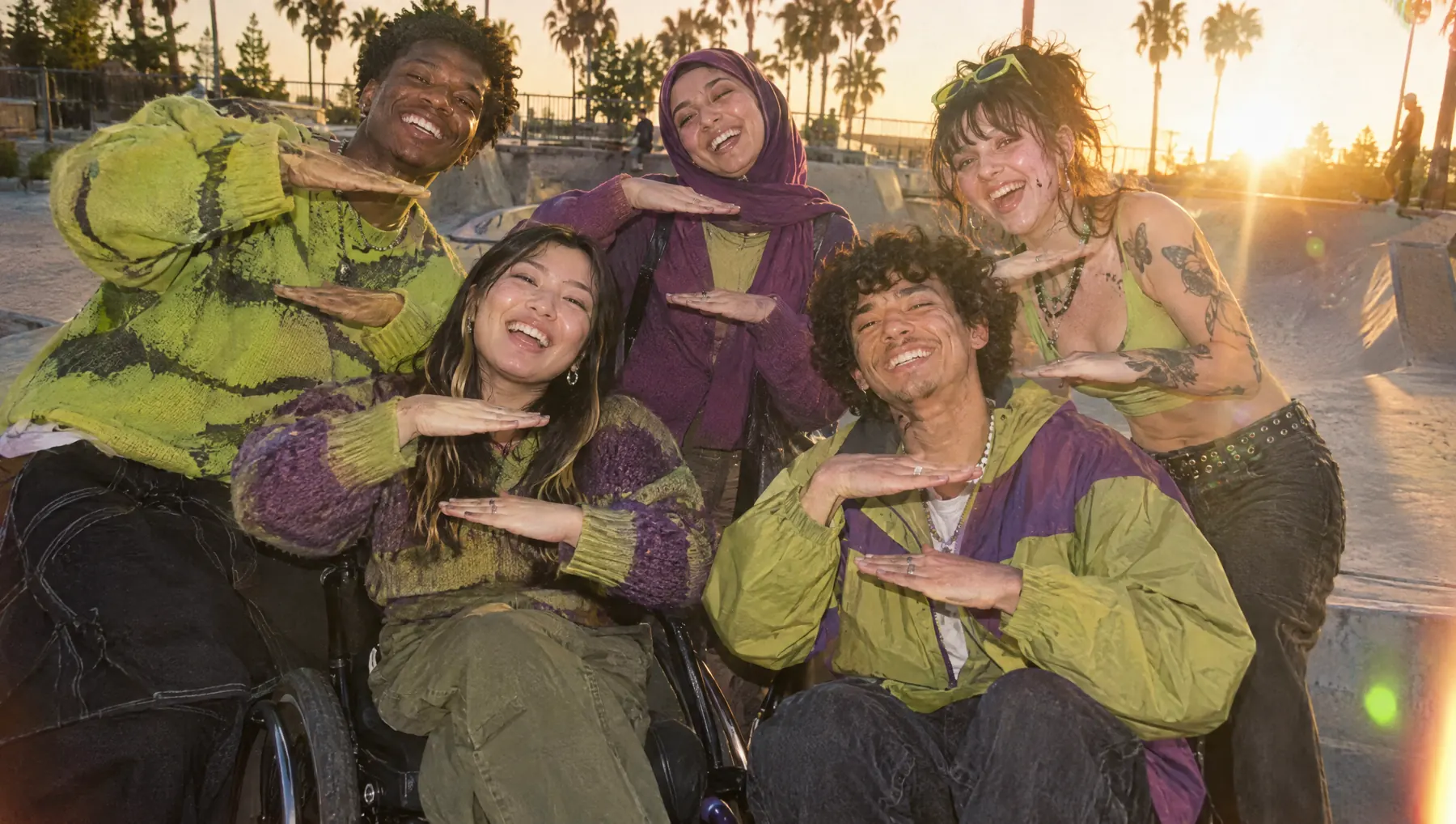 Five friends at a skatepark at golden hour making the Movement hand sign: two flat hands, one higher than the other