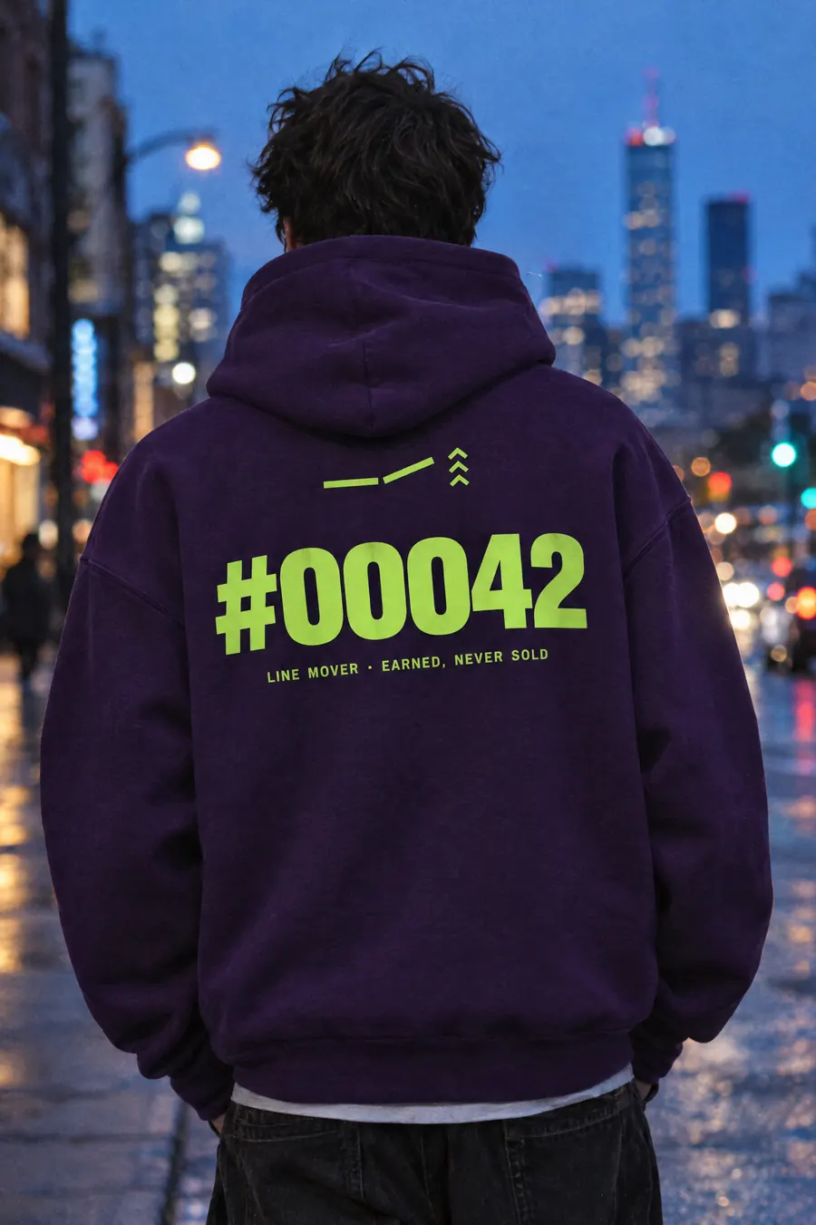 The back of a plum hoodie printed in lime: #00042, Line Mover, earned, never sold
