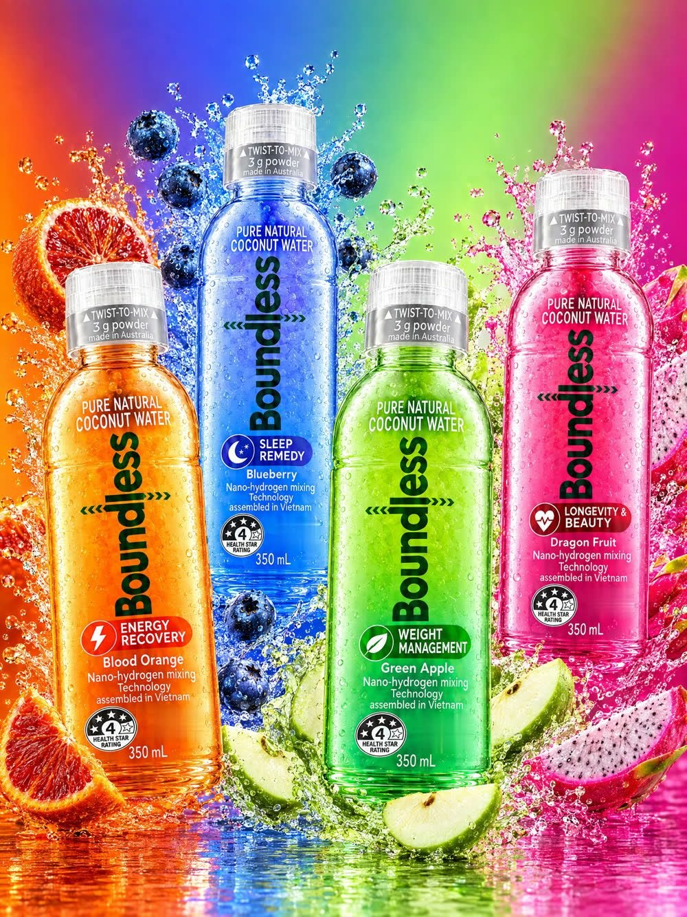 Four Boundless functional coconut water flavors with fruit splashes