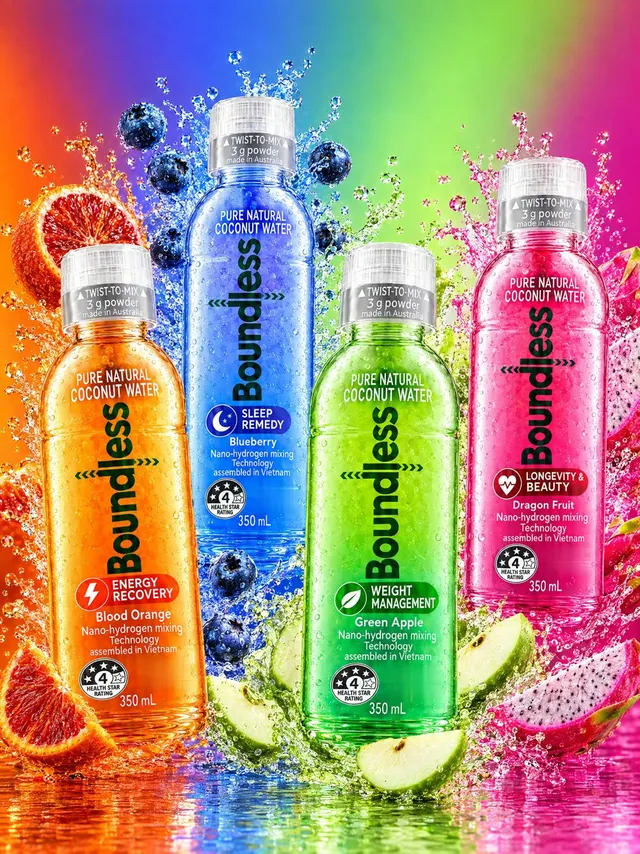 Four Boundless functional coconut water flavors with fruit splashes