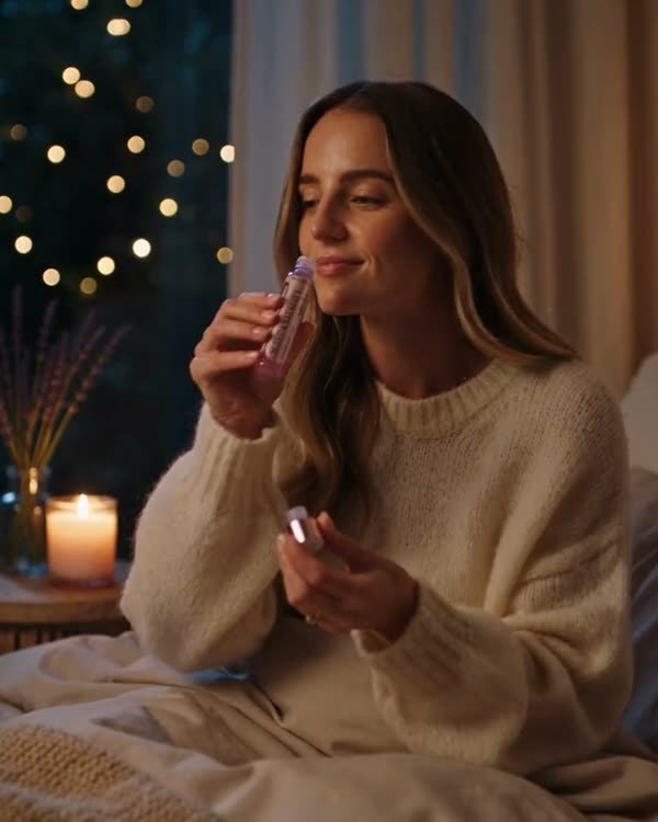 A woman in a knit sweater sipping a Sleep Shot in the evening