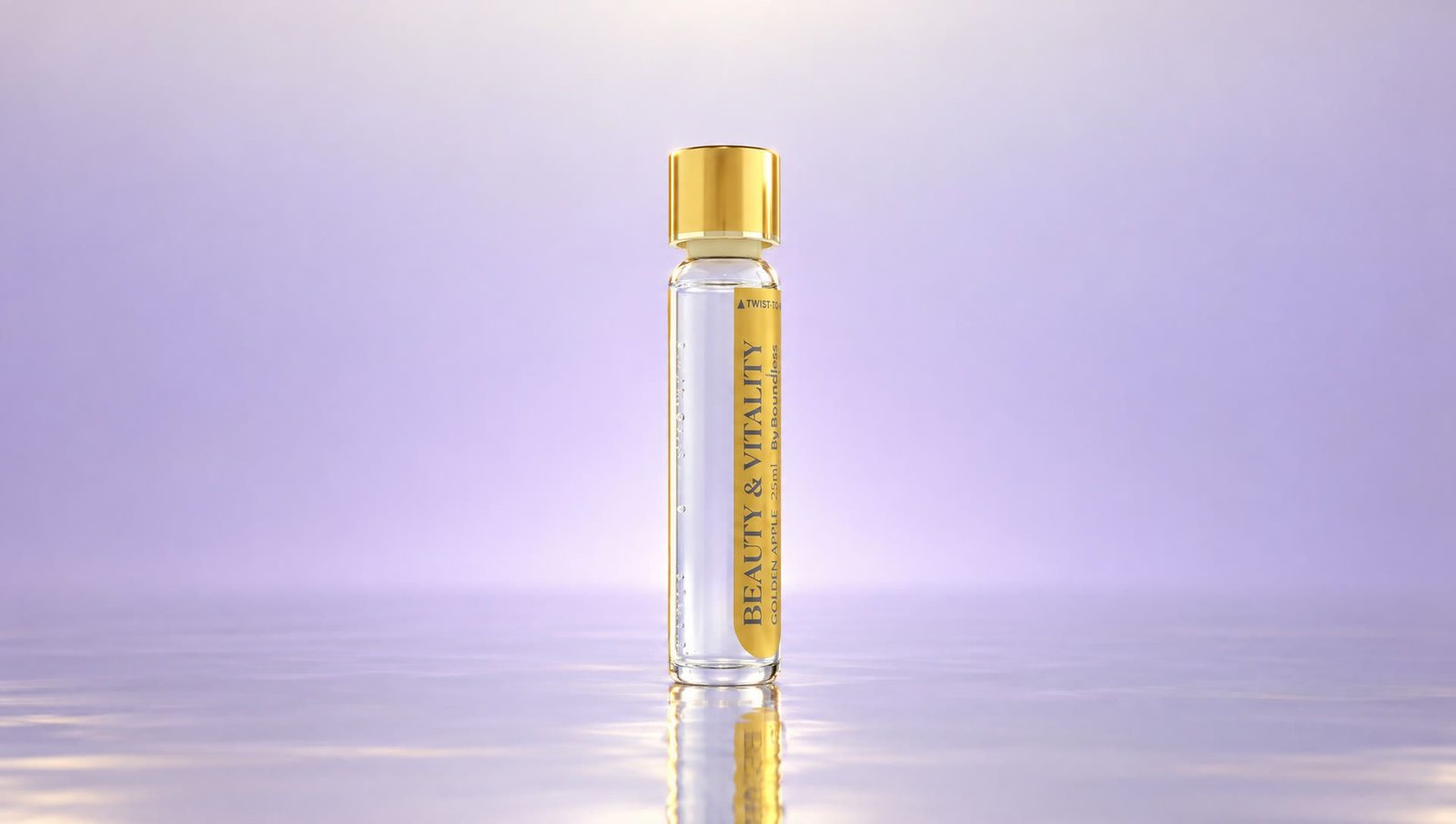 The gold Boundless Longevity Shot, golden apple, on a chrome surface