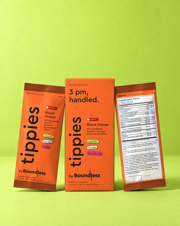 tippies Energy blood orange peptide drink mix, box and sticks on a lime background