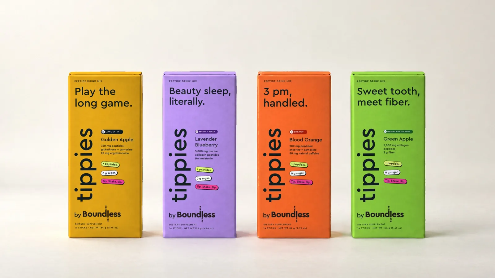The four tippies by Boundless boxes in a row: golden apple, lavender blueberry, blood orange and green apple