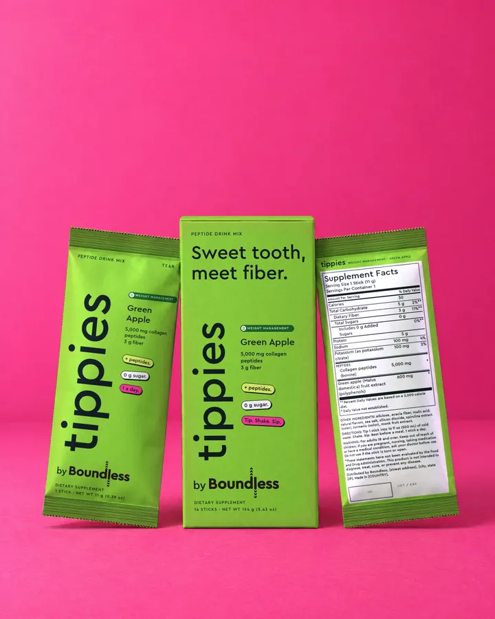 tippies Weight Management green apple peptide drink mix, box and sticks on a pink background