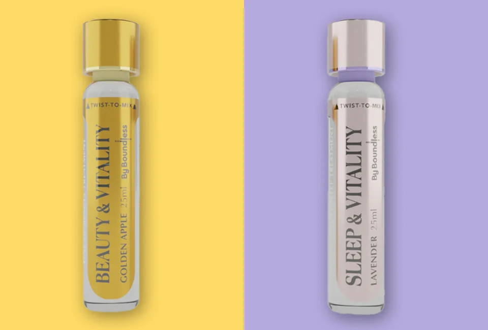 The two twisties side by side: a golden apple Longevity Shot on yellow and a lavender Sleep Shot on lilac